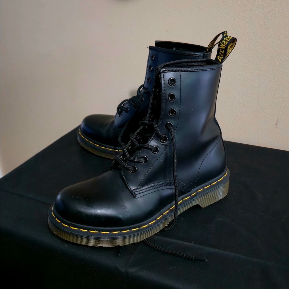 Dr. Martens Black Leather 8-Eye Combat Boots with Yellow Stitching